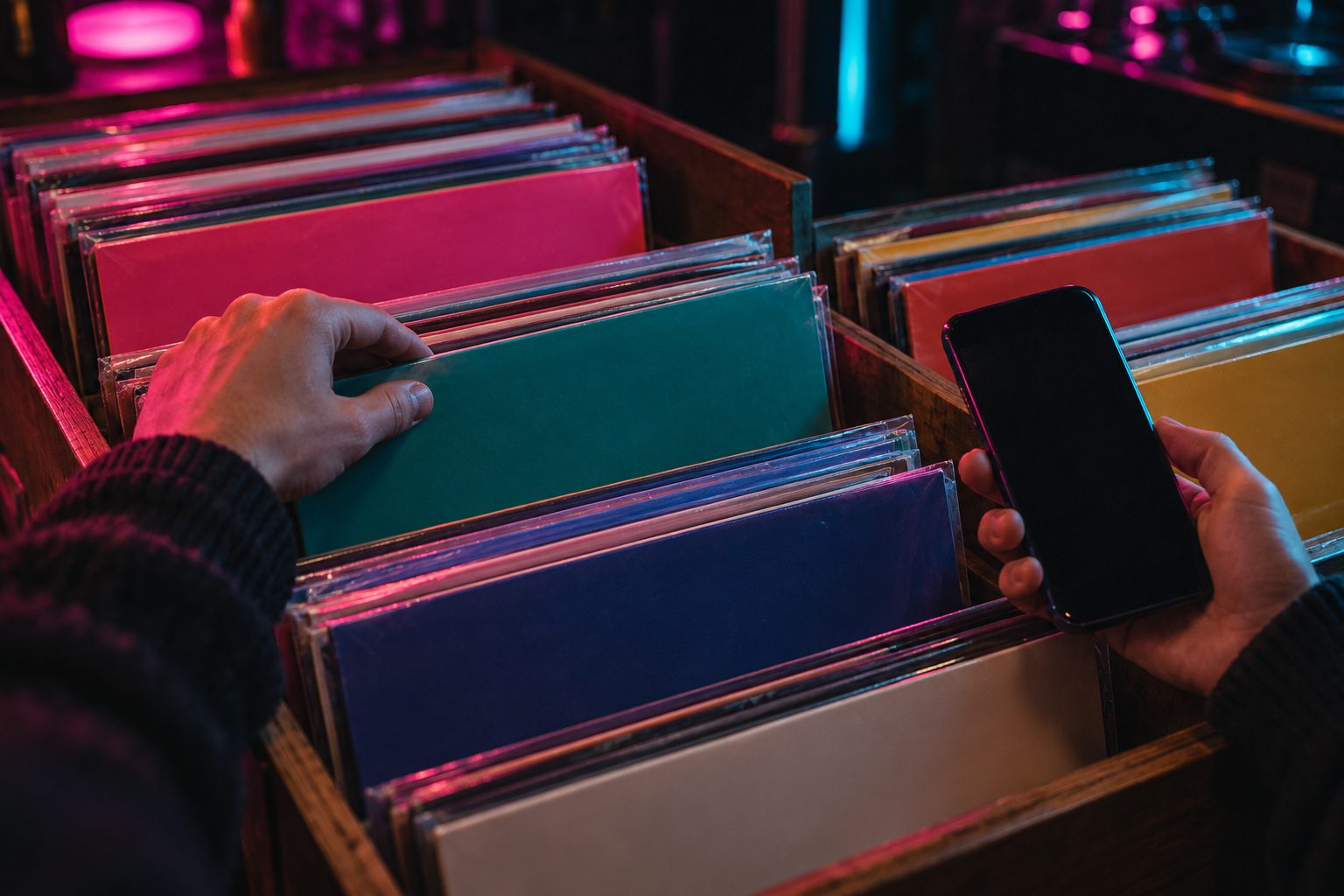 Hands flipping through vinyl records in a record-store bin while holding a phone